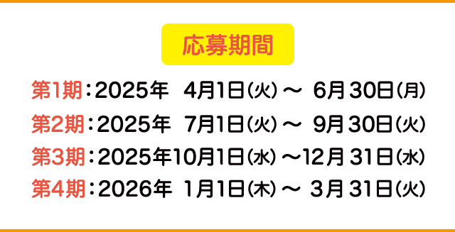 応募期間 第1期：2025年 4月1日（火）〜6月30日（月） 第2期：2025年 7月1日（火）〜9月30日（火） 第3期：2025年10月1日（水）〜12月31日（水） 第4期：2026年 1月1日（木）〜3月31日（火）