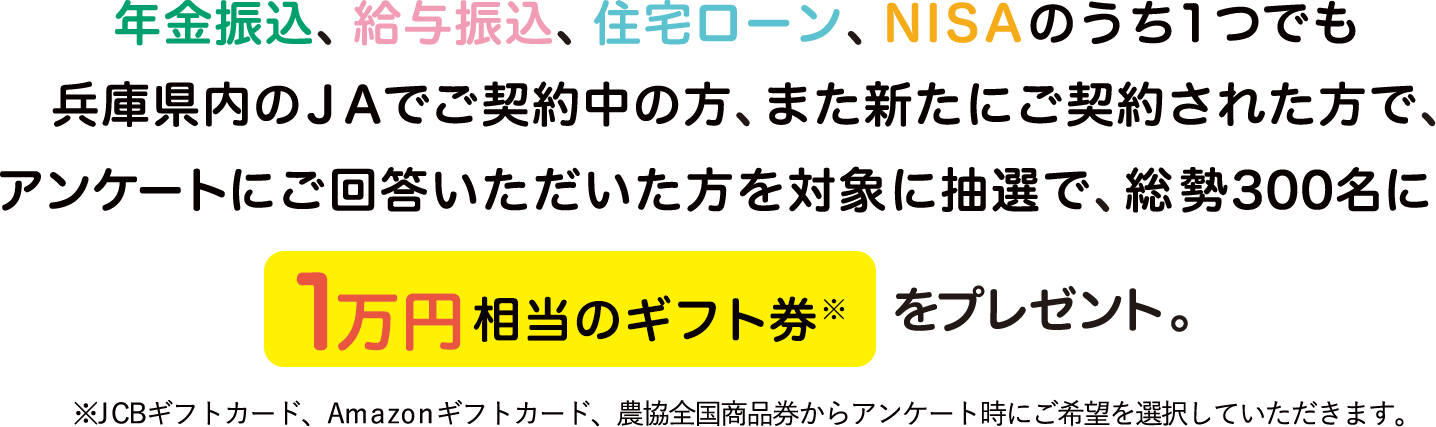 年金振込、給与振込、住宅ローン、NISAのうち1つでも兵庫県内のＪＡでご契約中の方、また新たにご契約された方で、アンケートにご回答いただいた方を対象に抽選で、総勢300名に1万円相当のギフト券※をプレゼント。※JCBギフトカード、Amazonギフトカード、農協全国商品券からアンケート時にご希望を選択していただきます。