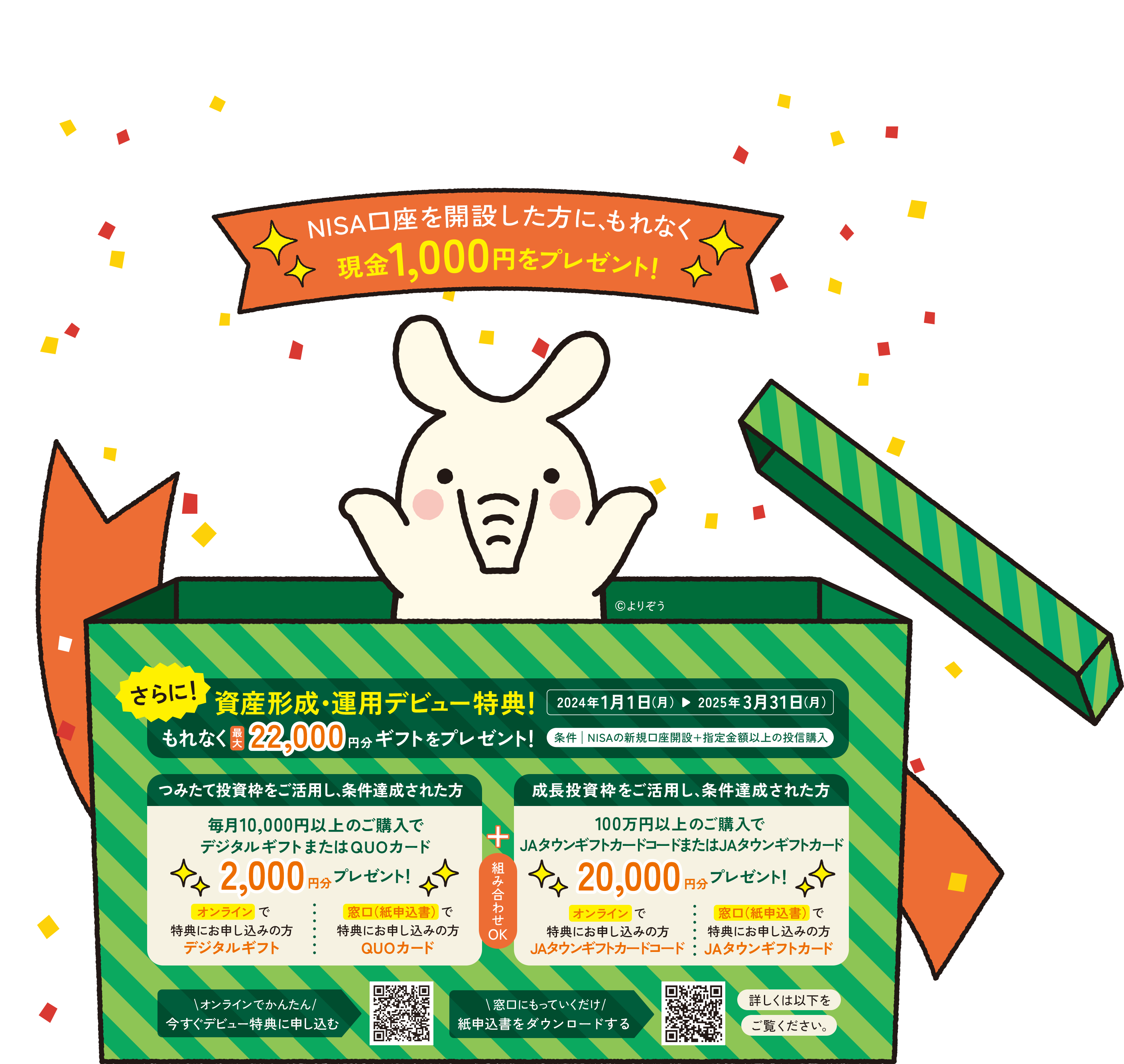 一般NISA口座またはつみたてNISA口座を開設した方に現金1000円をプレゼント みんなの未来を応援するぞう！ ©よりぞう