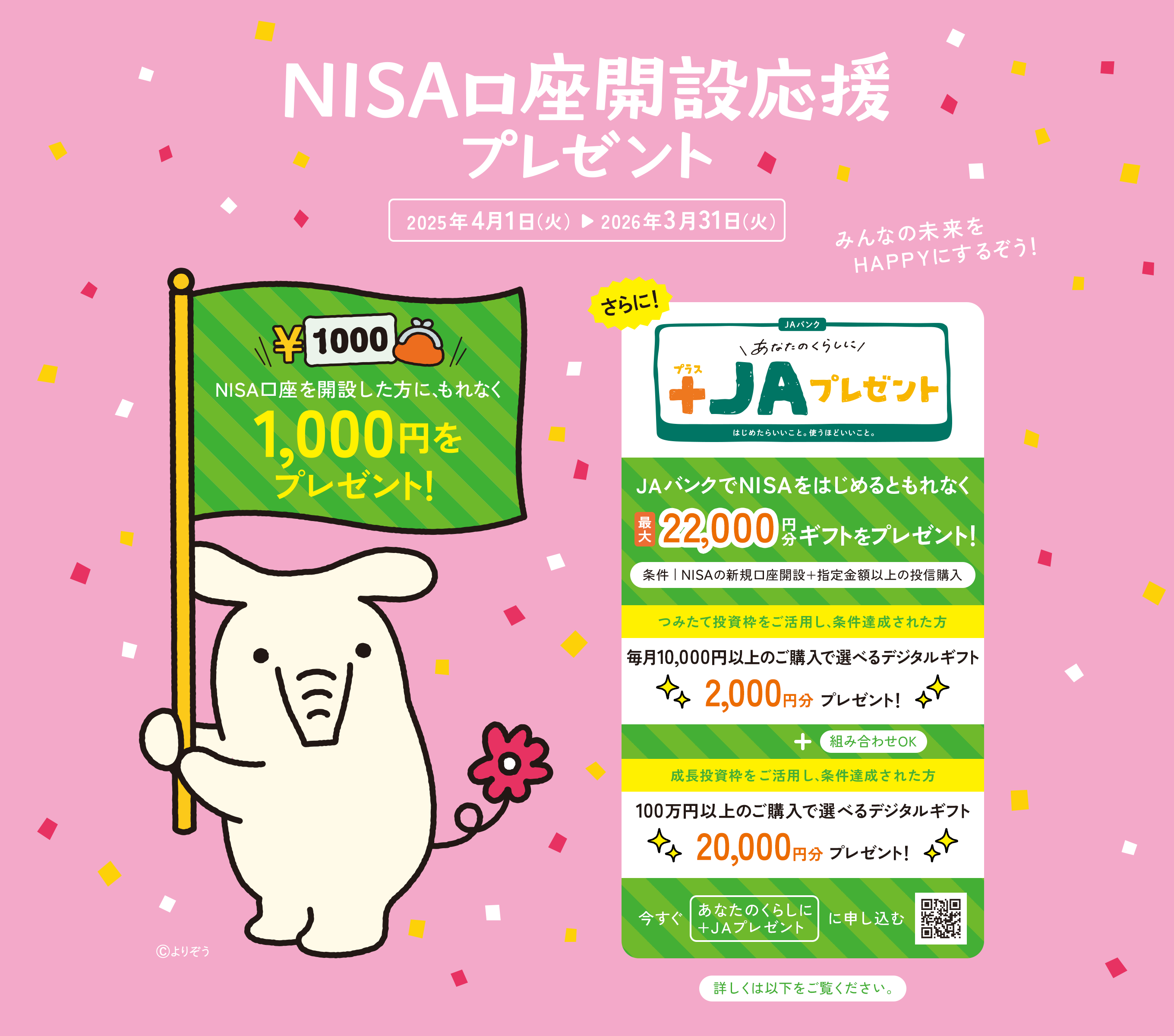 NISA口座開設応援キャンペーン 2023年4月3日（月）▷ 2025年3月31日（月） NISA口座を開設した方にもれなく現金1,000円をプレゼント! みんなの未来を応援するぞう！ ©︎よりぞう　さらに資産形成・運用デビュー特典もれなく最大22,000円分ギフトをプレゼント 積立投資枠をご活用し、条件達成された方 毎月10,000円以上のご購入でデジタルギフトまたはQUOカード2,000円分プレゼント！ 成長投資枠をご活用し、条件を達成された方 100万円以上のご購入でJAタウンギフトコードまたはJAタウンギフト 20,000円分プレゼント！