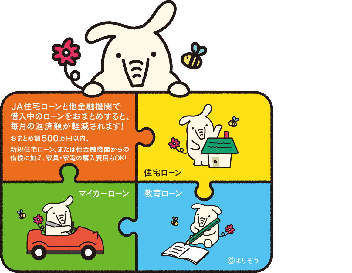 おまとめすれば、おトクだぞう！ JA住宅ローンと他金融機関で借入中のローンをおまとめすると、毎月の返済額か軽減されます！ 住宅ローン 教育ローン マイカーローン ©︎よりぞう